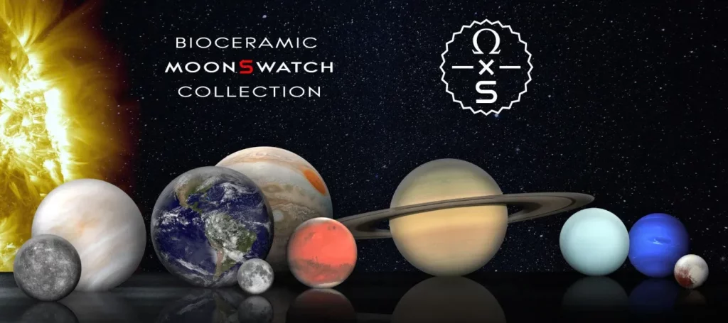 Omega MoonSwatch kollekció promó képe a naprendszer bolygóival.