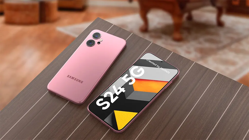Galaxy S24 koncepciófotó. Rózsaszín hátlap, és teljese előlapi kijelző.
