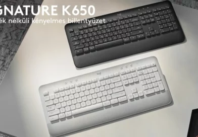 Egy fehér íróasztalon egy fekete és egy fehér Logitech K650 billentyűzet